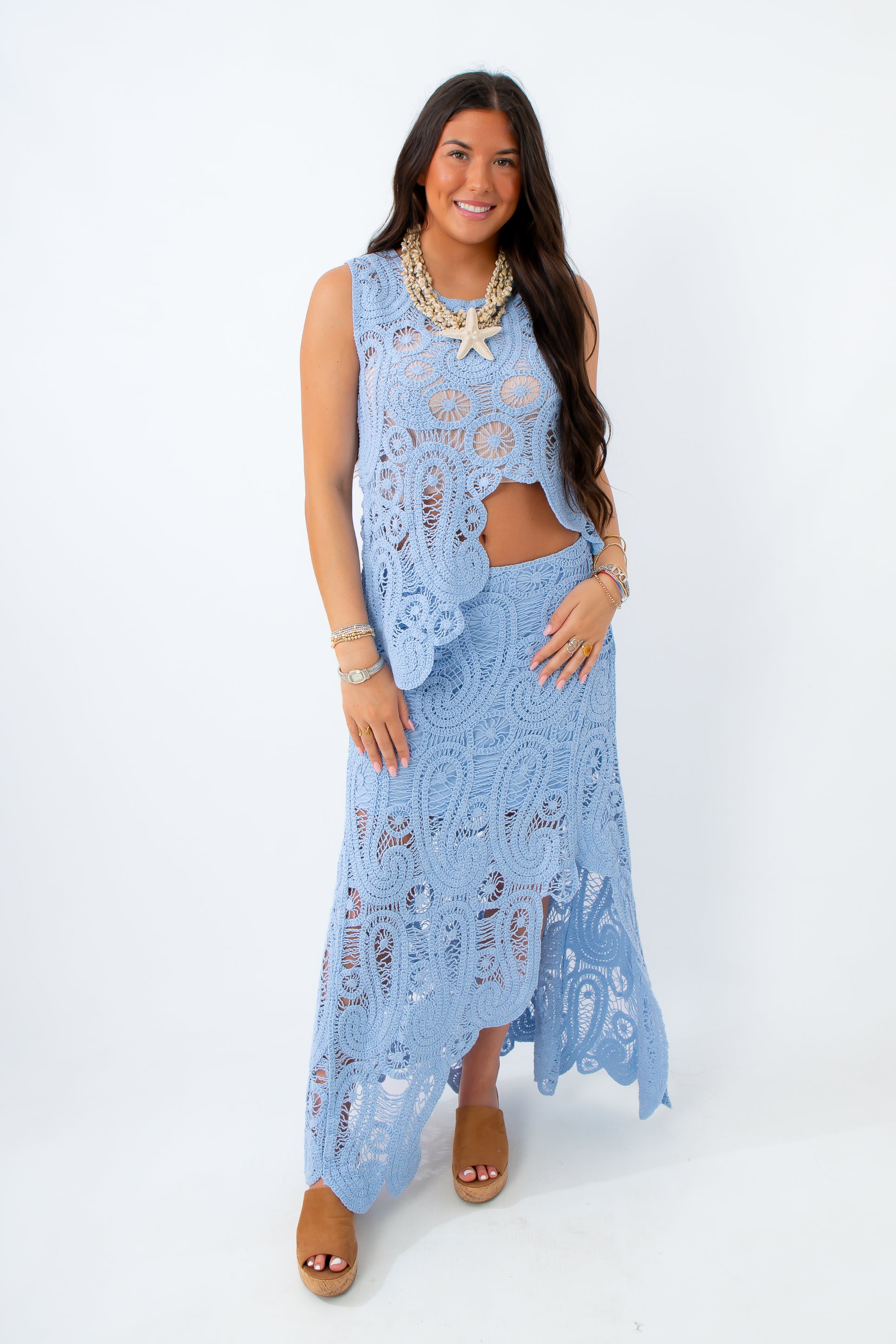 sleeveless crochet top and midi skirt vacation set