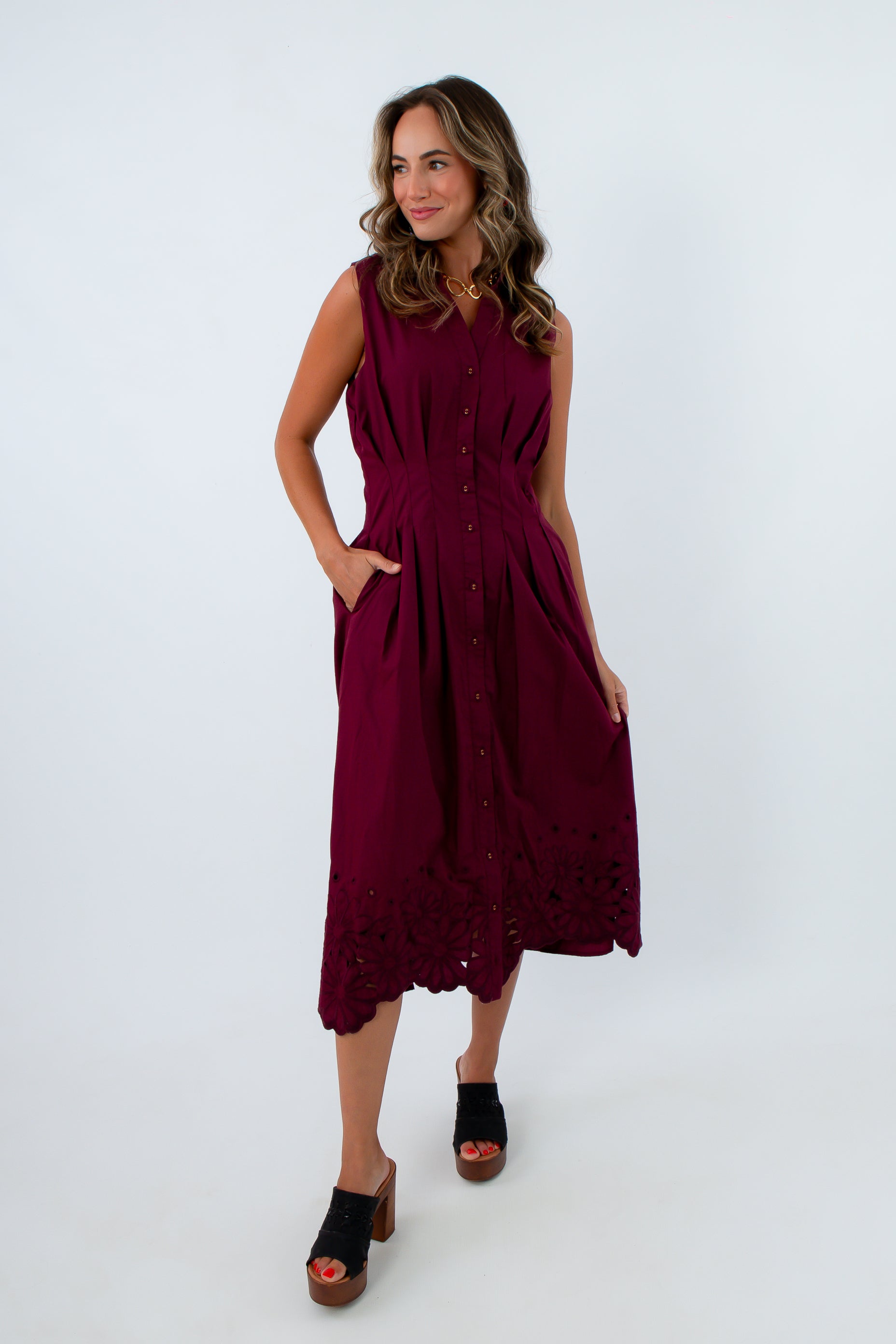 Win or Lose Wine Collared Eyelet Trim Midi Dress