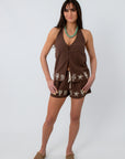Beachcomber Chocolate Brown Embroidered Halter Top with starfish and shell embroidery, boho summer tank top for women