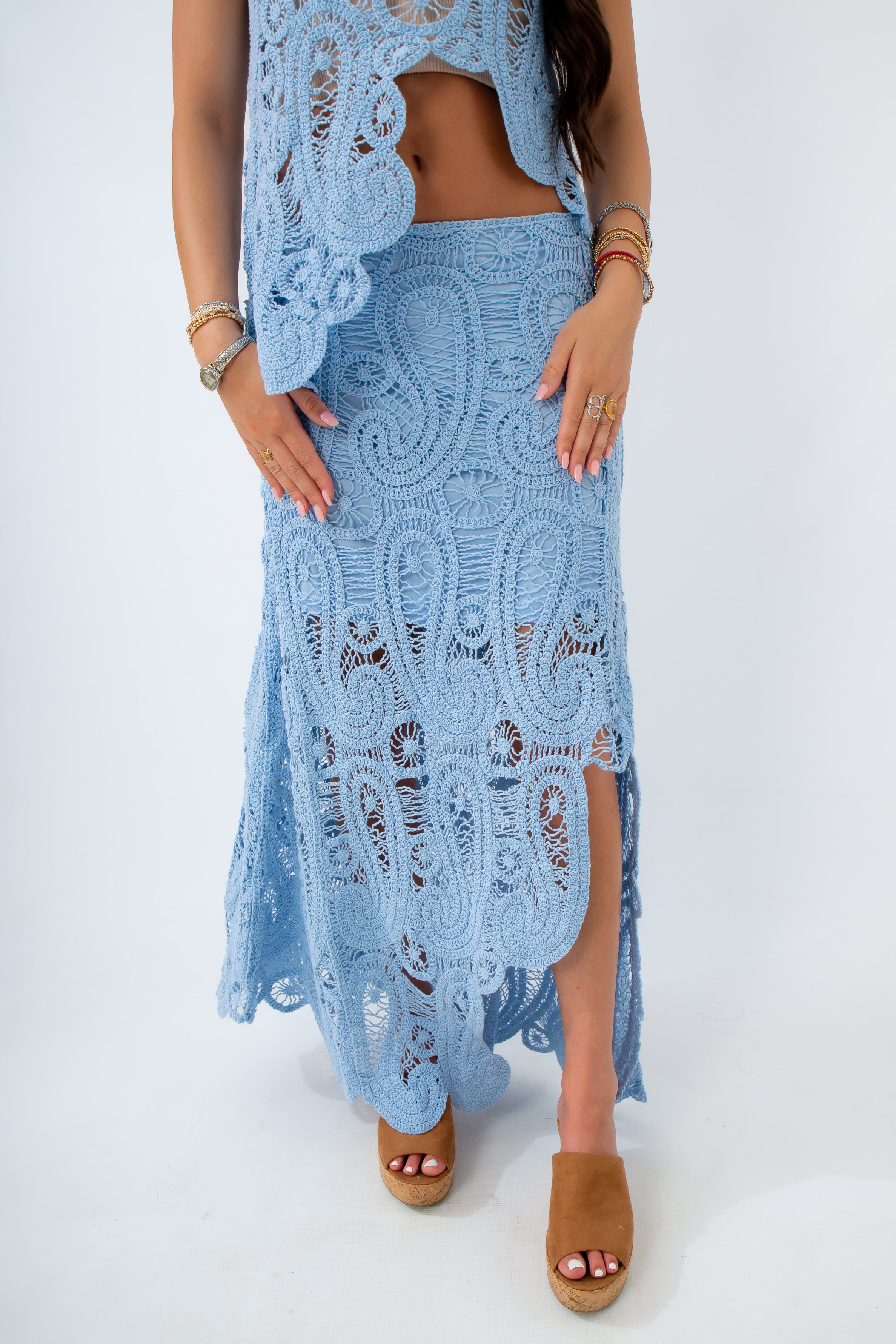 Calypso Sky Blue Asymmetrical Crochet Set | Tank & Midi Skirt Set