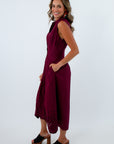 Wine pleated midi dress with collar, burgundy midi dress with a collar, sleeveless midi dress with collar, maroon midi dress