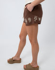Beachcomber Chocolate Brown Embroidered Shorts with starfish and shell design, casual summer bottoms for women