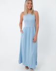Light blue sleeveless maxi dress with pockets, casual summer style