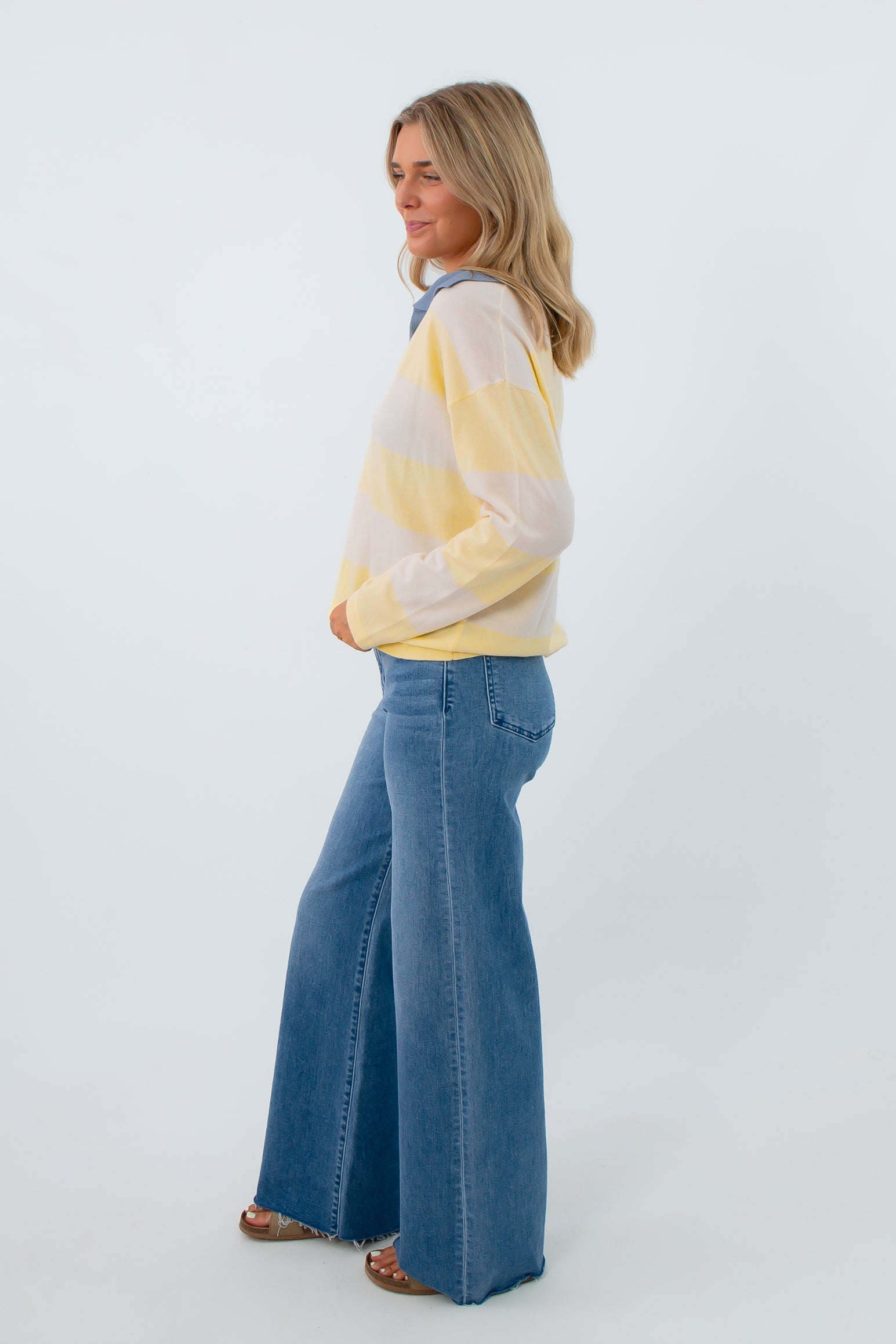 Comfortable wide leg denim with raw hem, Daze Denim Far Out Jeans, stretchy jeans for women