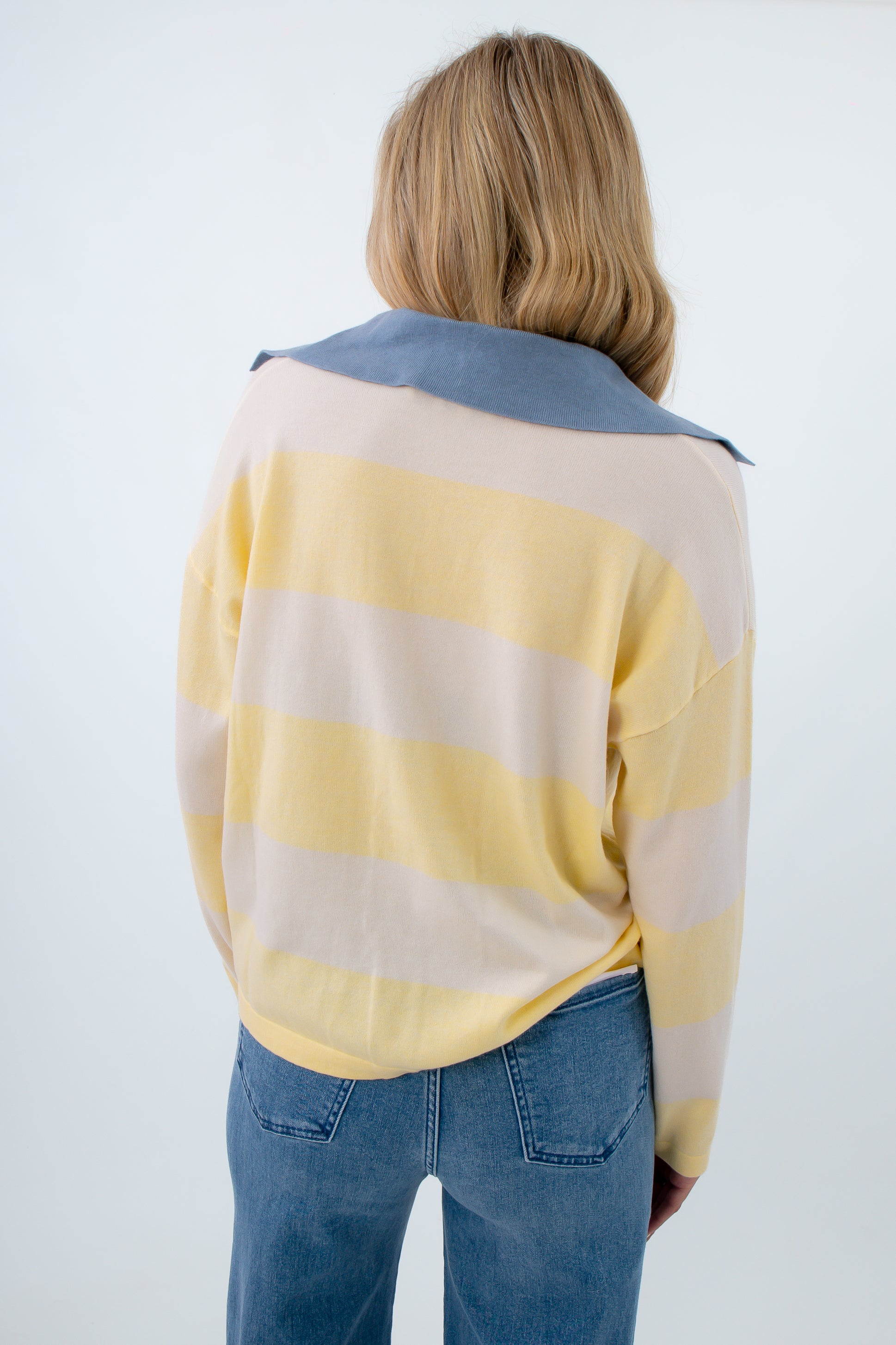 Casual collared sweater with stripes for women, butter yellow striped sweater, yellow and white pullover