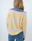 Casual collared sweater with stripes for women, butter yellow striped sweater, yellow and white pullover