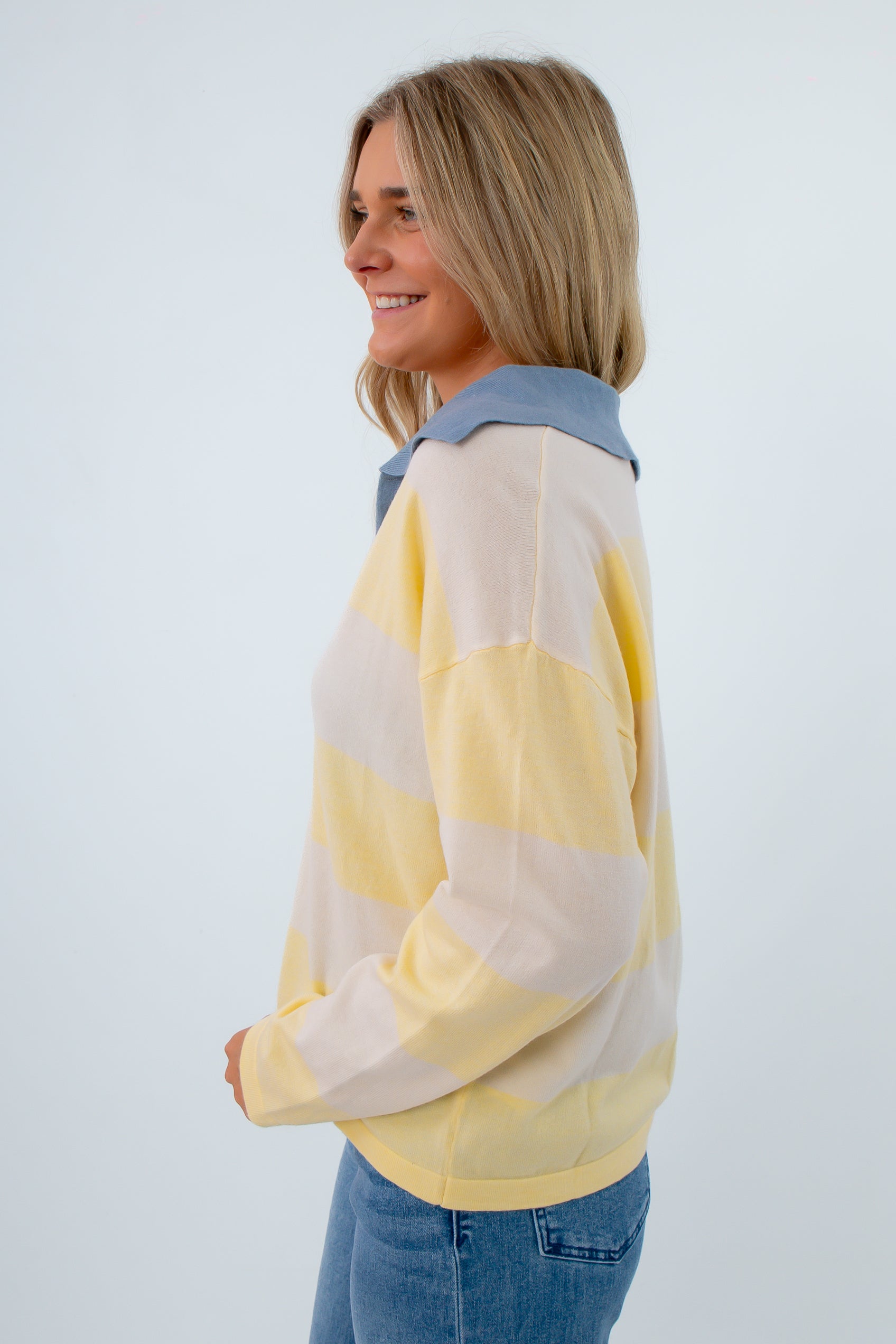 Yellow and white striped pullover with blue collar, fall layering pieces, lightweight fall knit, yellow and white striped sweater