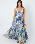 Boho floral maxi dress with blue, yellow, and white pattern