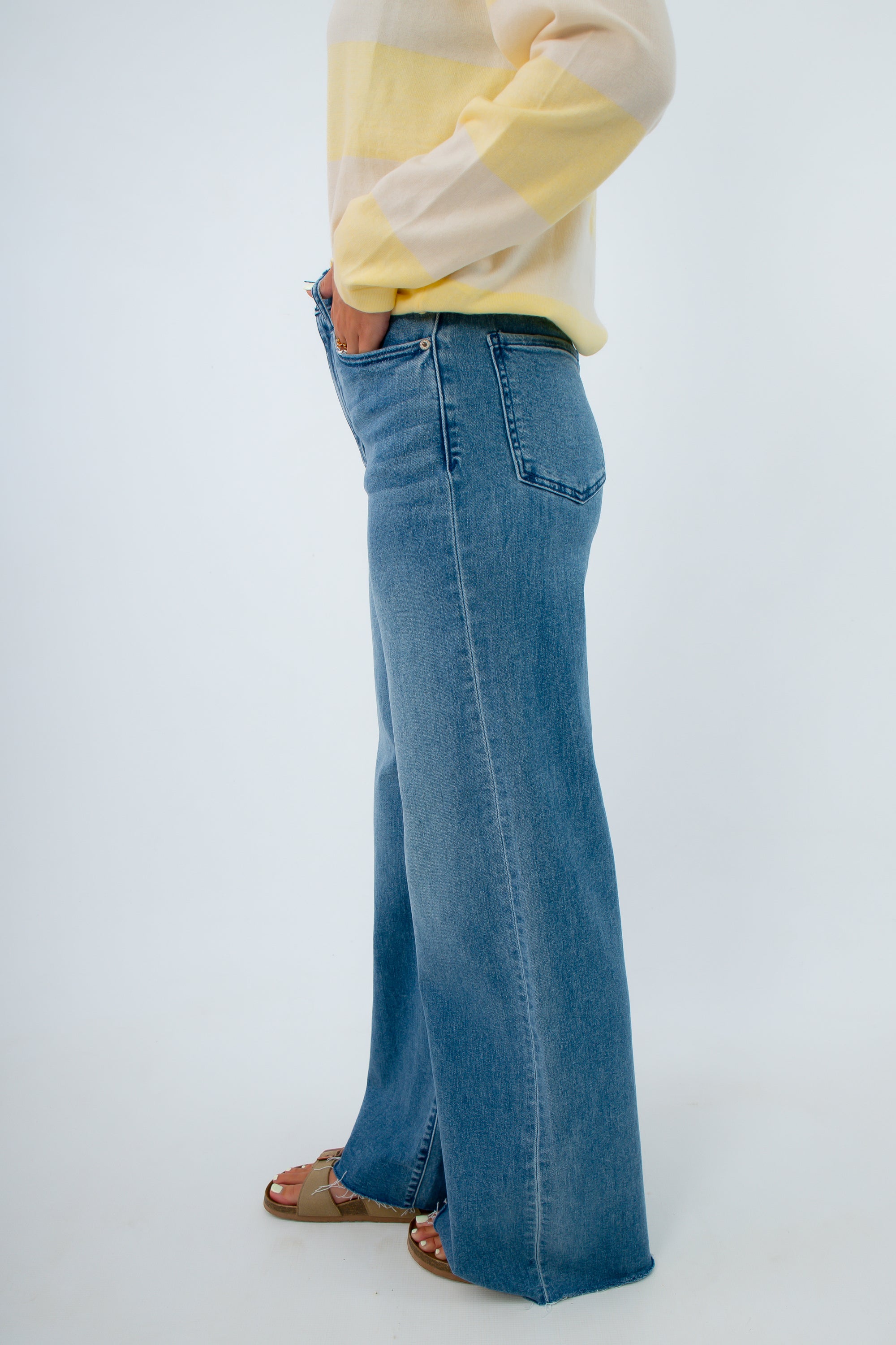 Stylish fall denim jeans with a relaxed fit, women's fall denim, high-rise jeans with wide leg