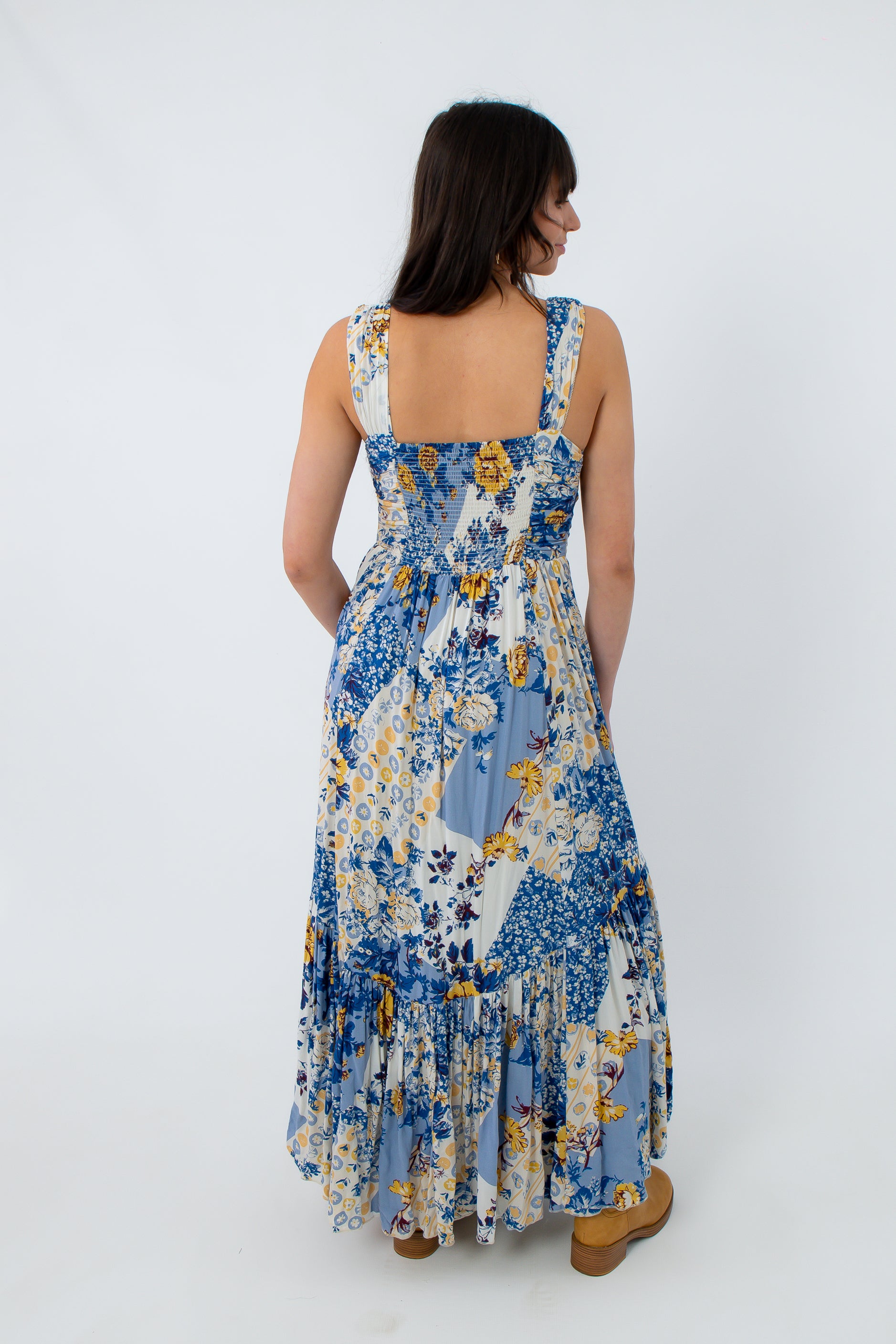 Boho floral maxi dress with smocked bodice and wide straps