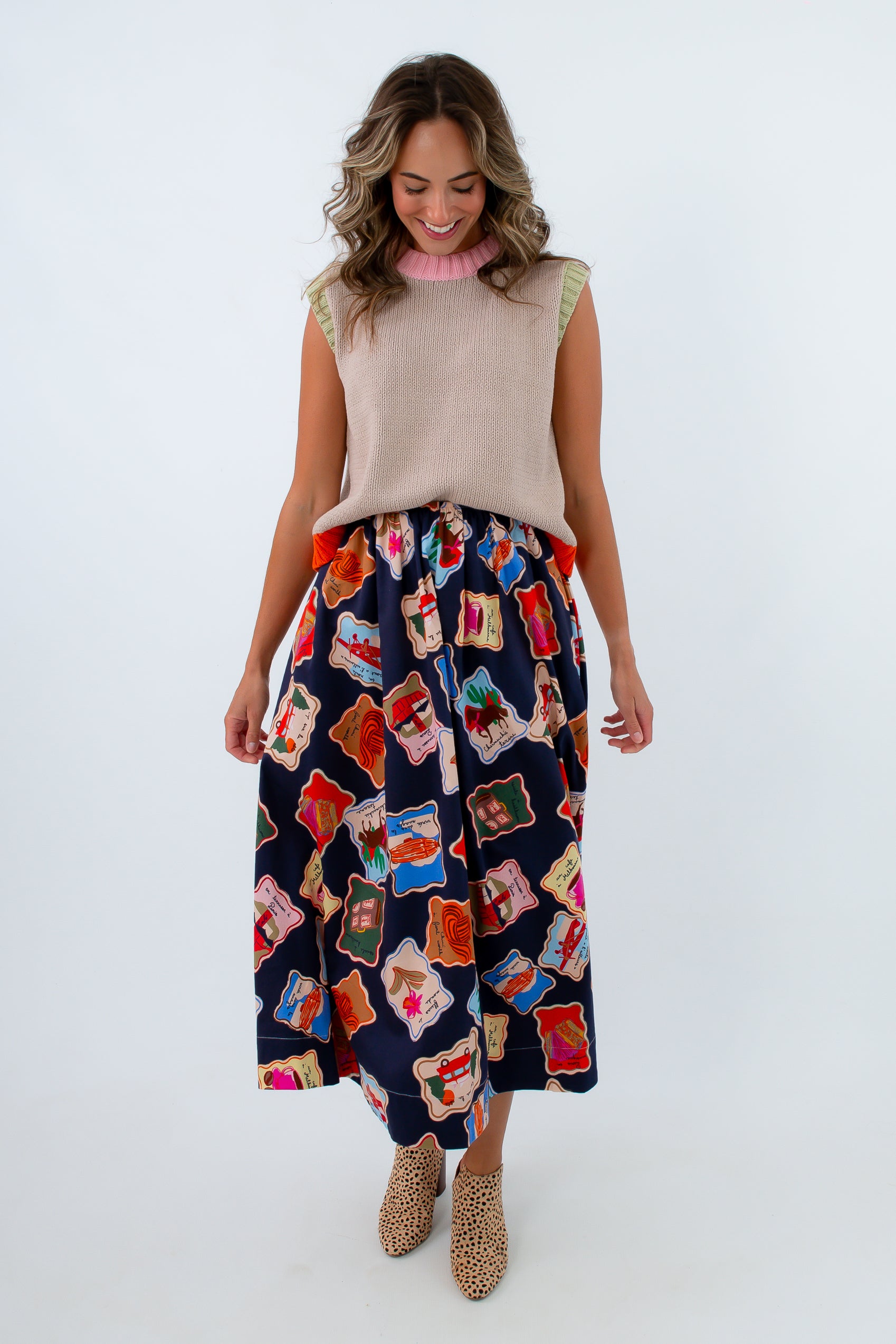 FRNCH Timbres Stamp Print Maxi Skirt with side pockets, statement maxi skirt, patterned maxi skirt