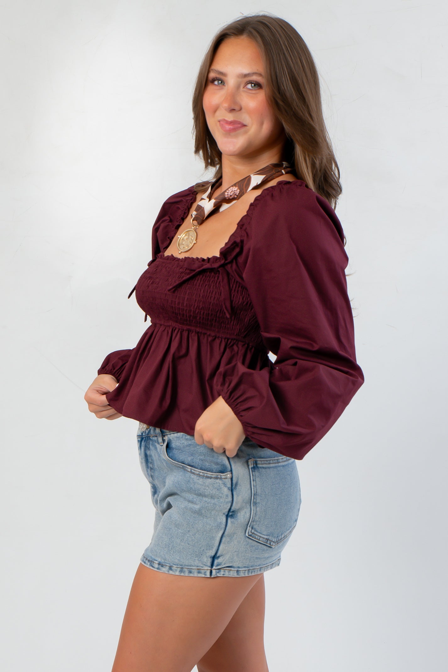 Nora Burgundy Square Neck Smocked Top