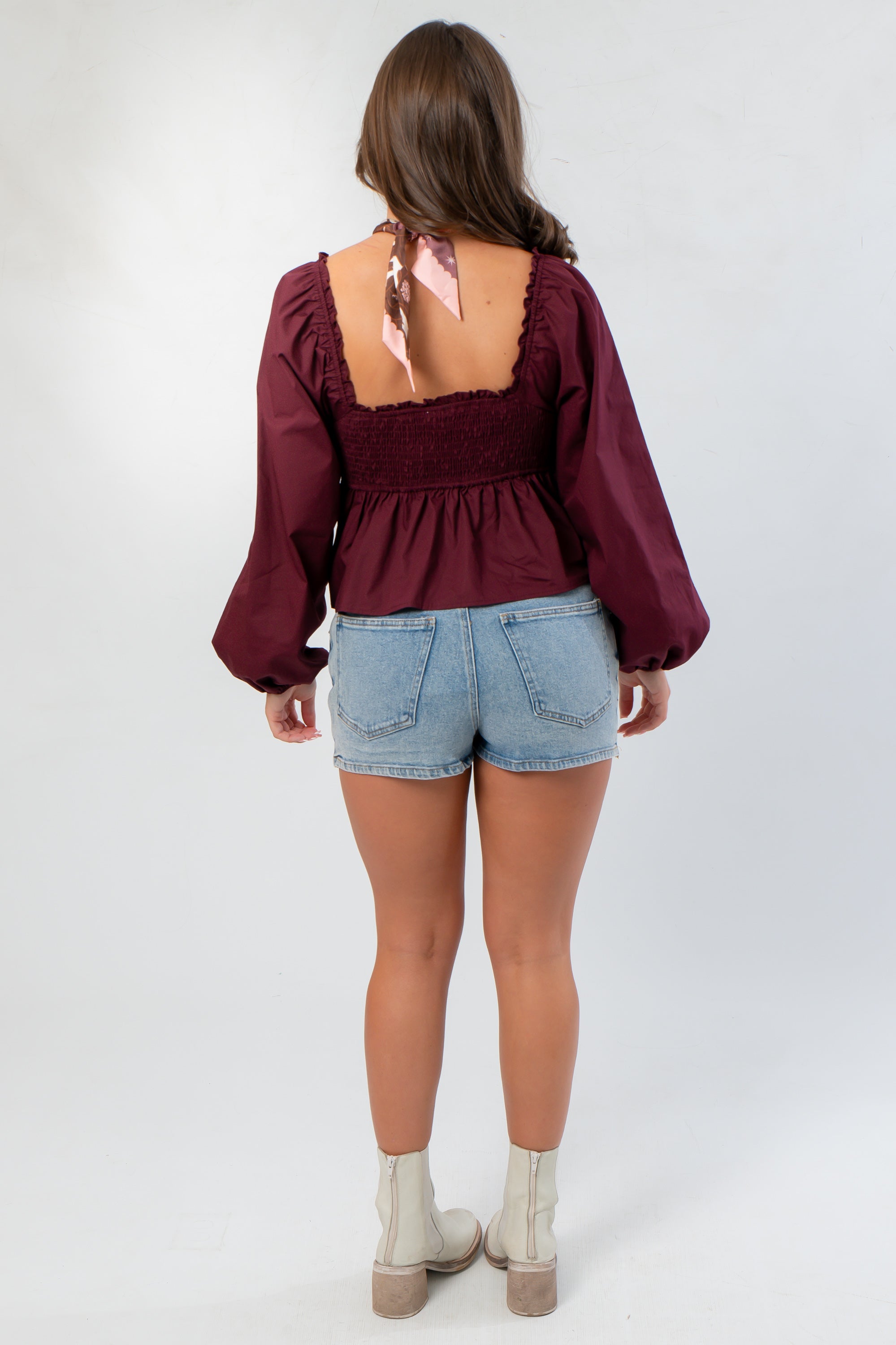 Nora Burgundy Square Neck Smocked Top