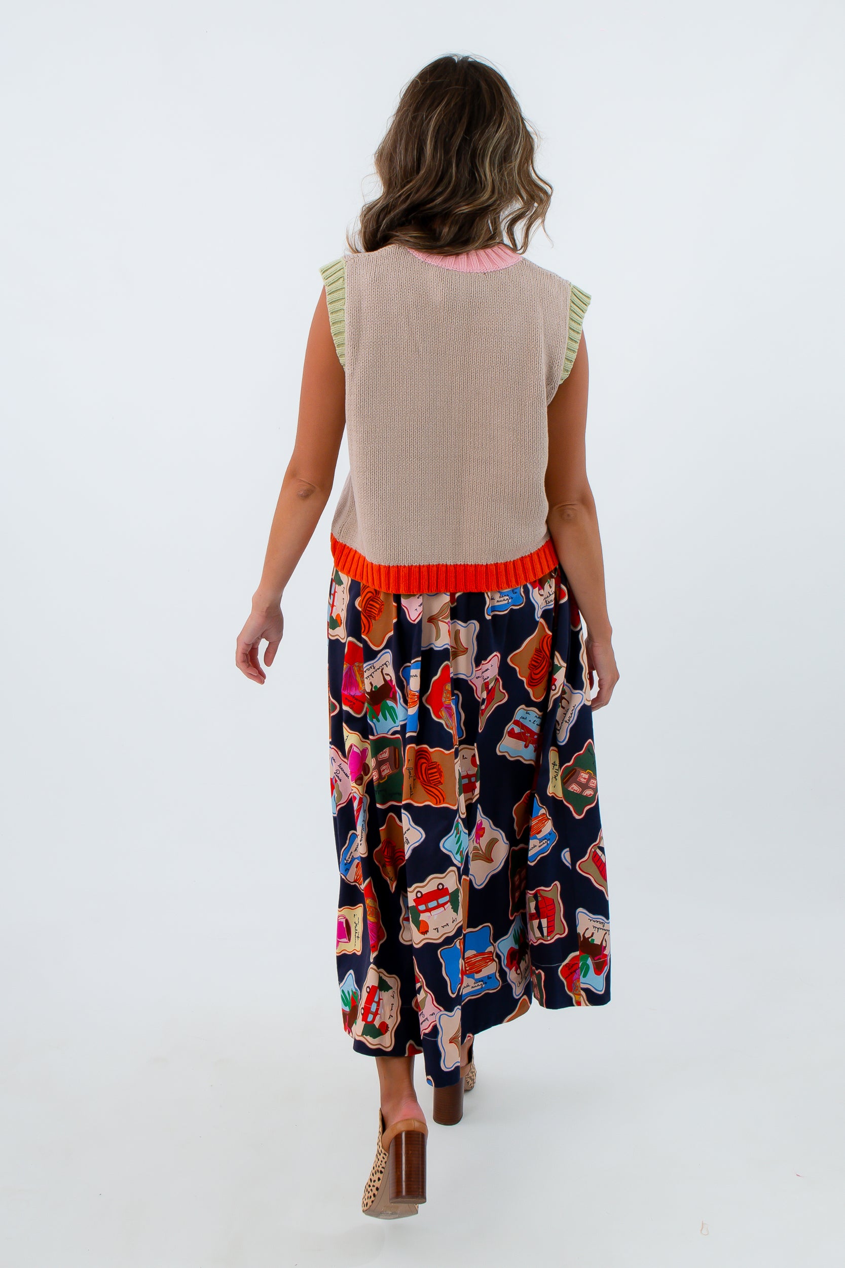 FRNCH maxi skirt, dark maxi skirt with stamp pattern, multicolored maxi skirt