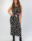 Miles Ahead Black Polka Dot Ruched Midi Dress