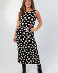 Miles Ahead Black Polka Dot Ruched Midi Dress