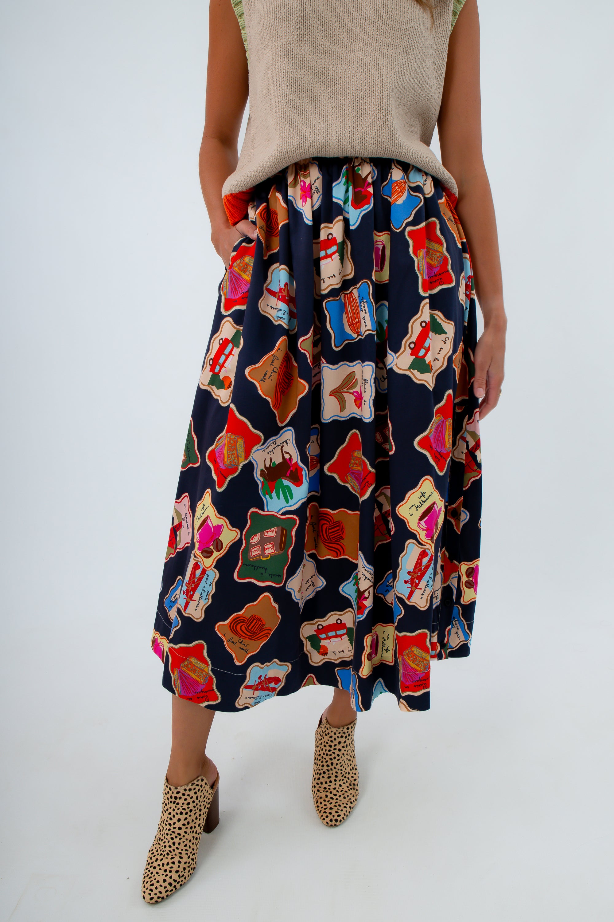 Women’s stamp design maxi skirt with pockets, women's patterned maxi skirt, skirt with fun design