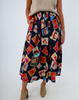 Women’s stamp design maxi skirt with pockets, women's patterned maxi skirt, skirt with fun design