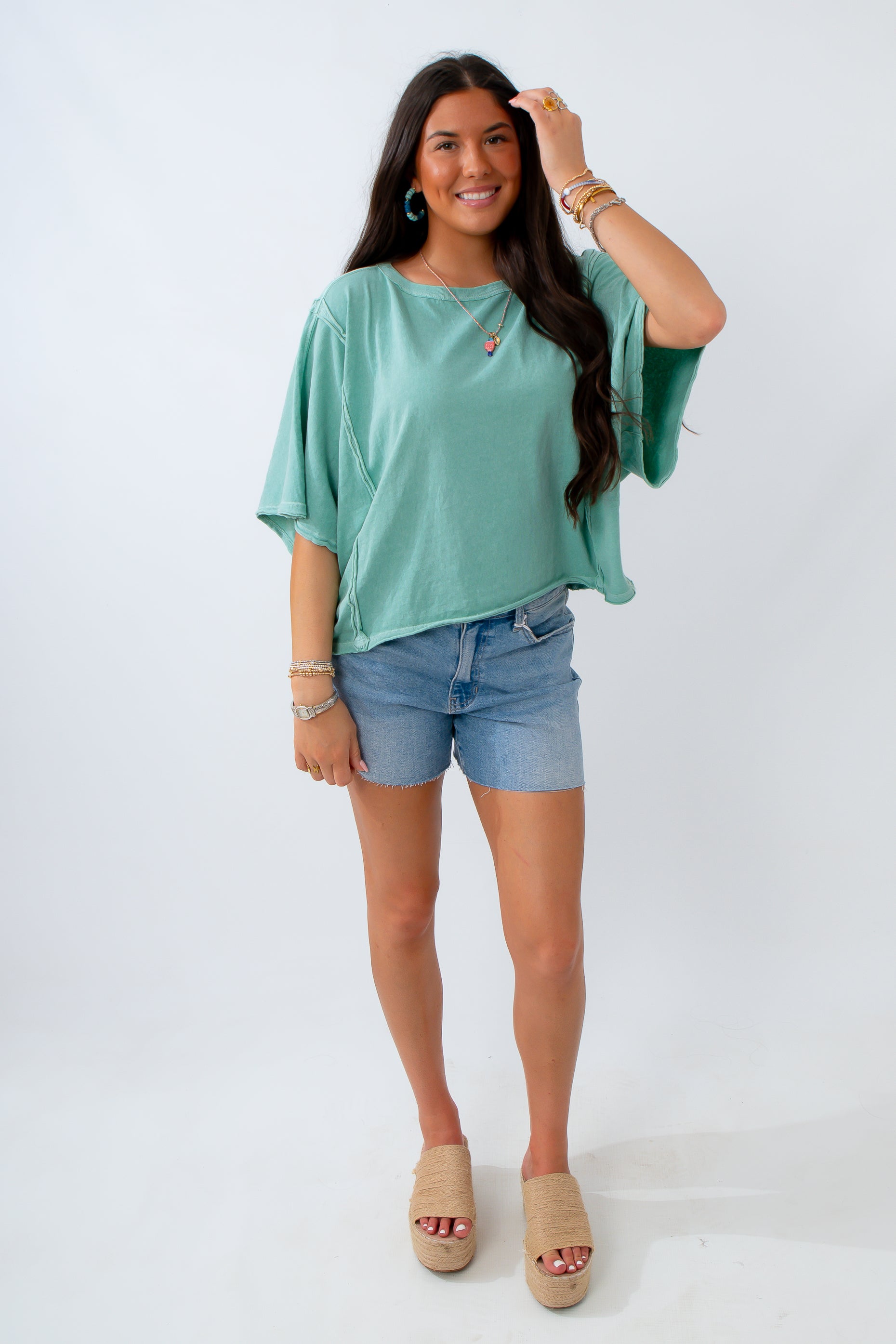 free people wasabi tee with jean shorts