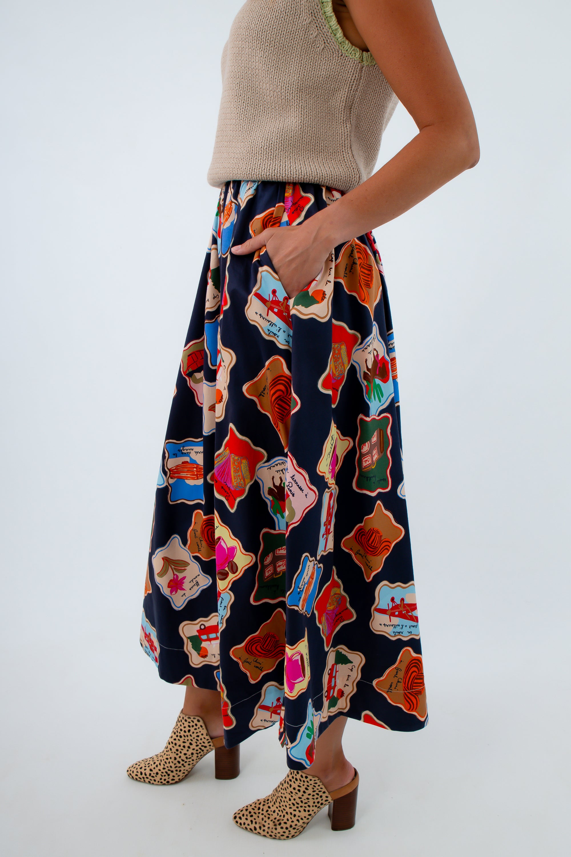 Comfortable maxi skirt with printed stamp pattern, navy maxi skirt, colorful maxi skirt