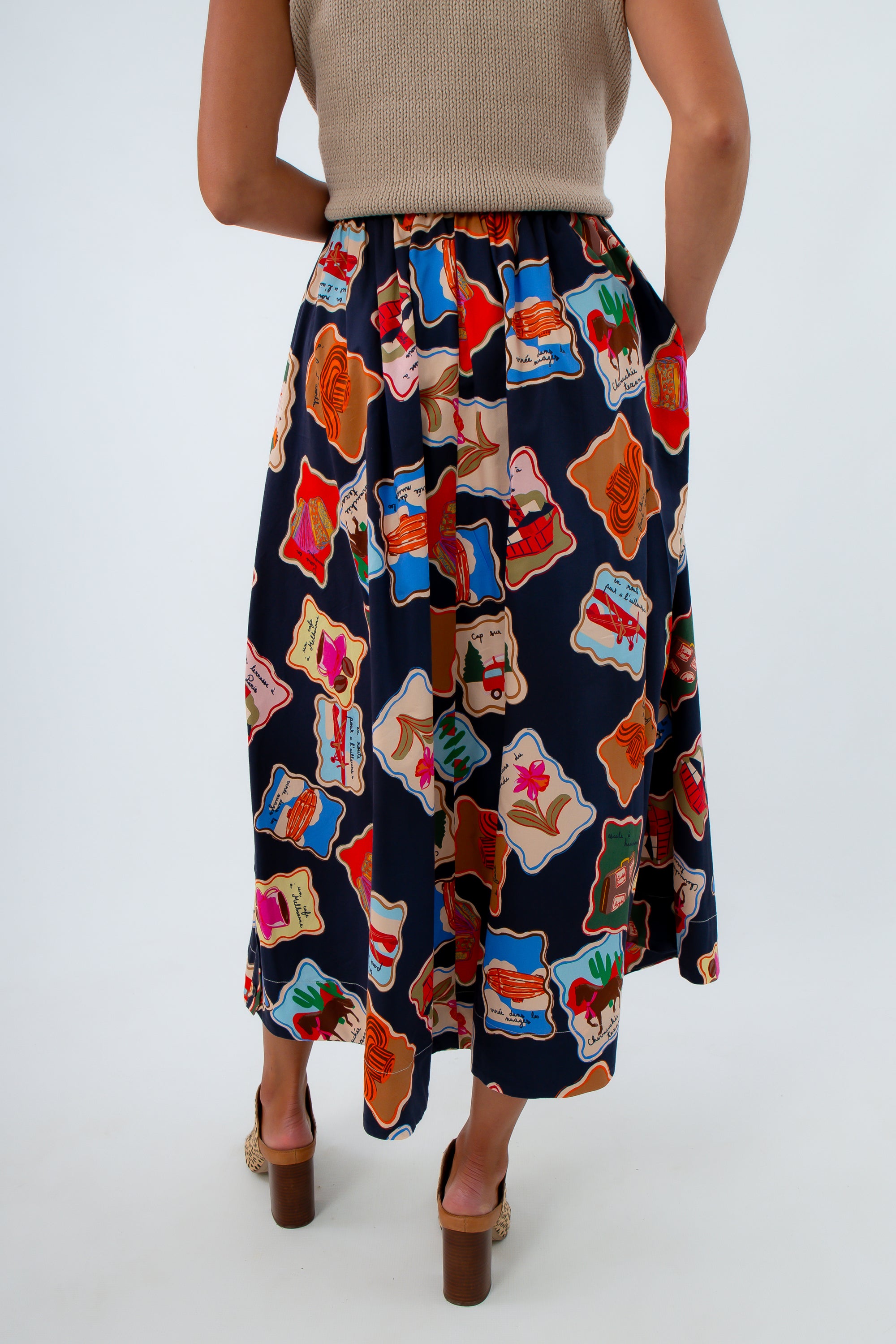 Unique maxi skirt with pockets, dark colored maxi skirt with stamp designs, fall maxi skirt