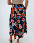 Unique maxi skirt with pockets, dark colored maxi skirt with stamp designs, fall maxi skirt