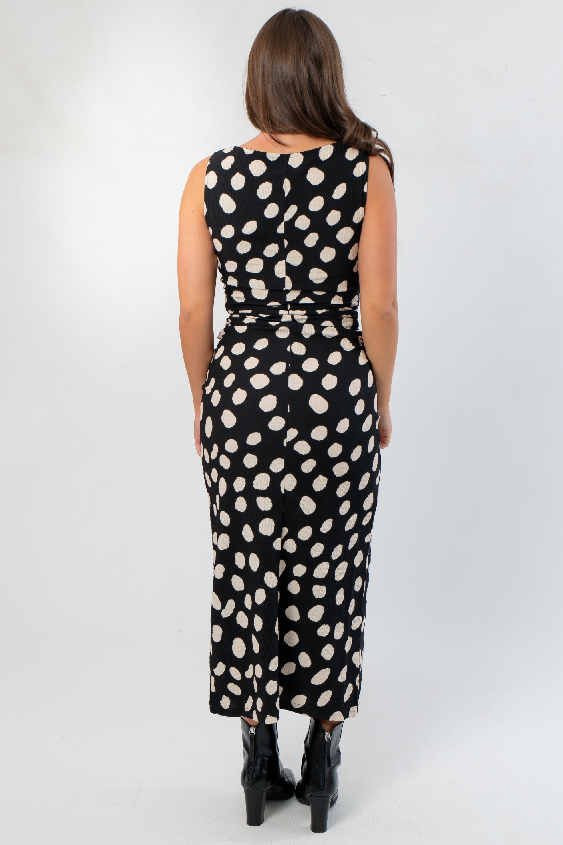 Miles Ahead Black Polka Dot Ruched Midi Dress