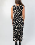 Miles Ahead Black Polka Dot Ruched Midi Dress