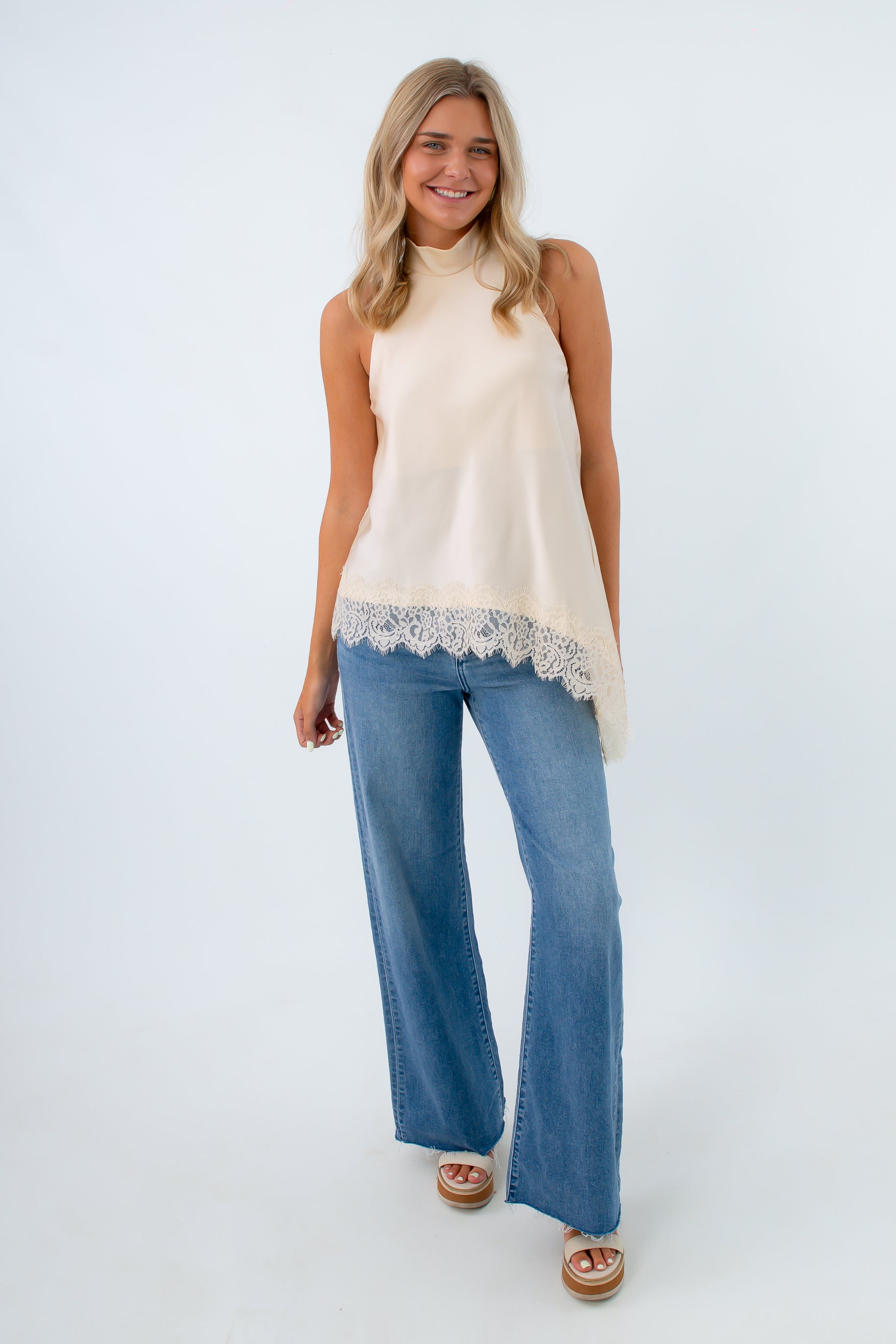 Ivory asymmetrical hem halter top with lace trim, fall going out top, ivory top with lace trim
