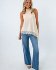 Ivory asymmetrical hem halter top with lace trim, fall going out top, ivory top with lace trim