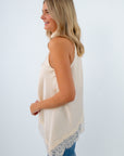 Elegant lace trim halter top in ivory for autumn, ivory halter top with asymmetrical hem, satin top with lace trim