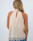 Women’s fall halter top with asymmetrical hem and lace, ivory halter top, fall going out top, fall date night top