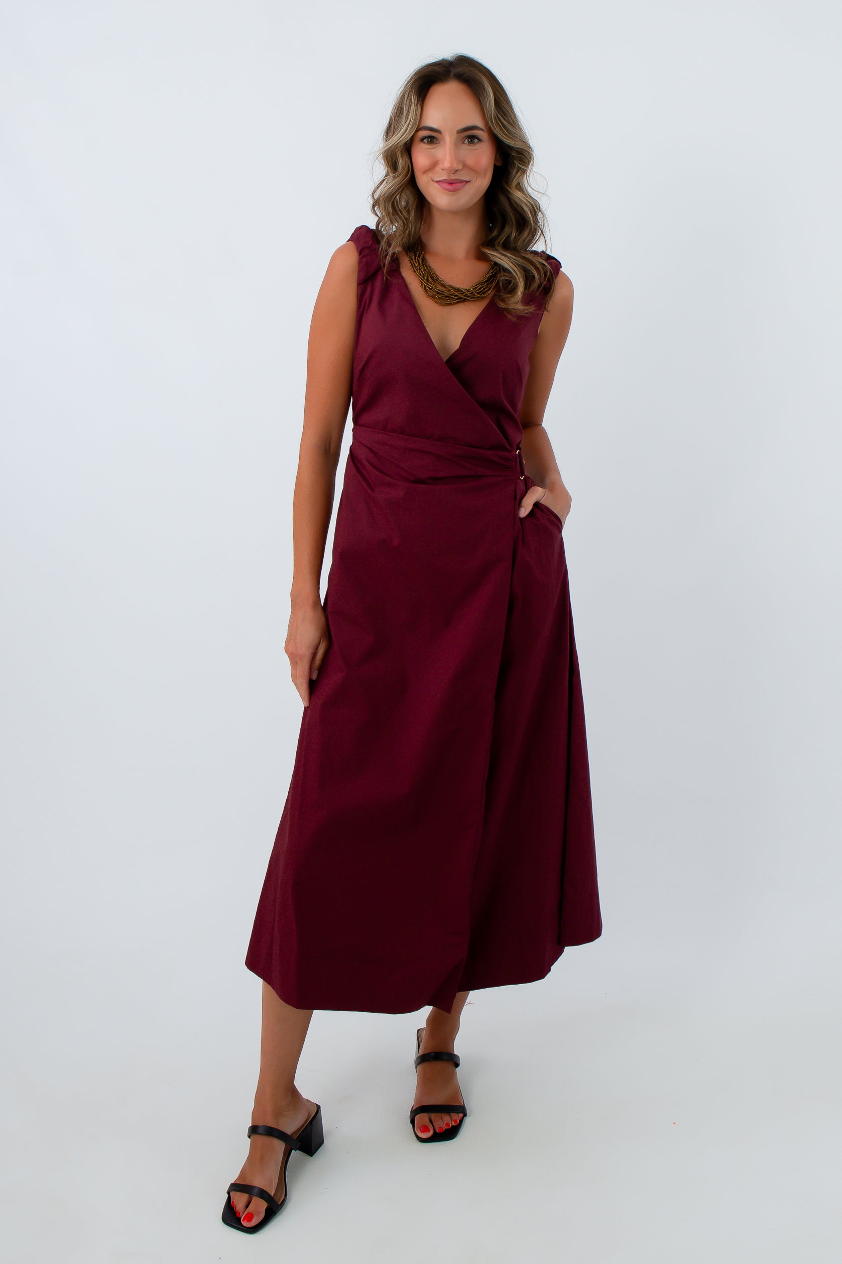 Burgundy V-neckline wrap dress with gold hardware, MinkPink burgundy dress, burgundy wedding guest dress, burgundy midi dress