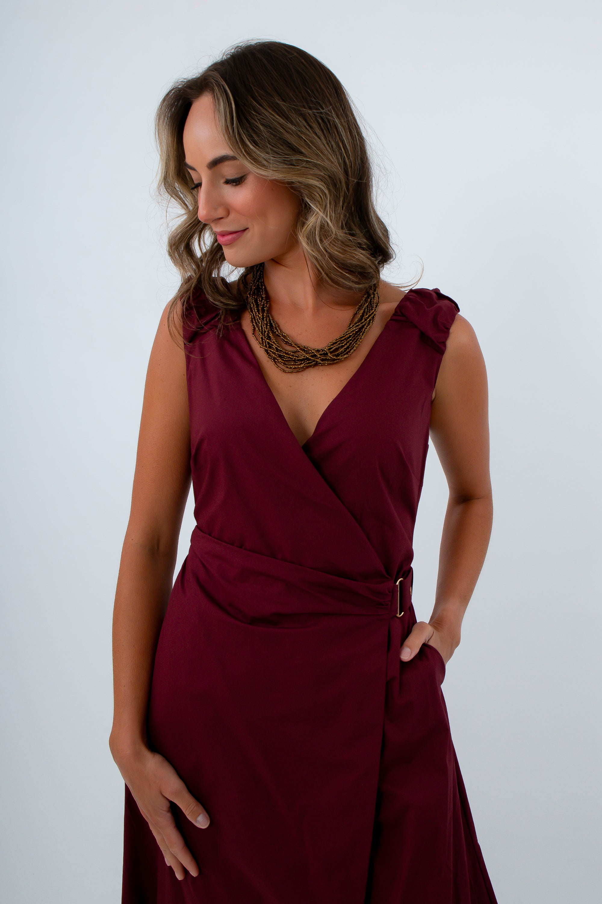 Comfortable 100% cotton wrap midi dress for fall events, burgundy wrap dress, burgundy midi dress, burgundy dress with v-neckline