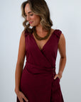 Comfortable 100% cotton wrap midi dress for fall events, burgundy wrap dress, burgundy midi dress, burgundy dress with v-neckline
