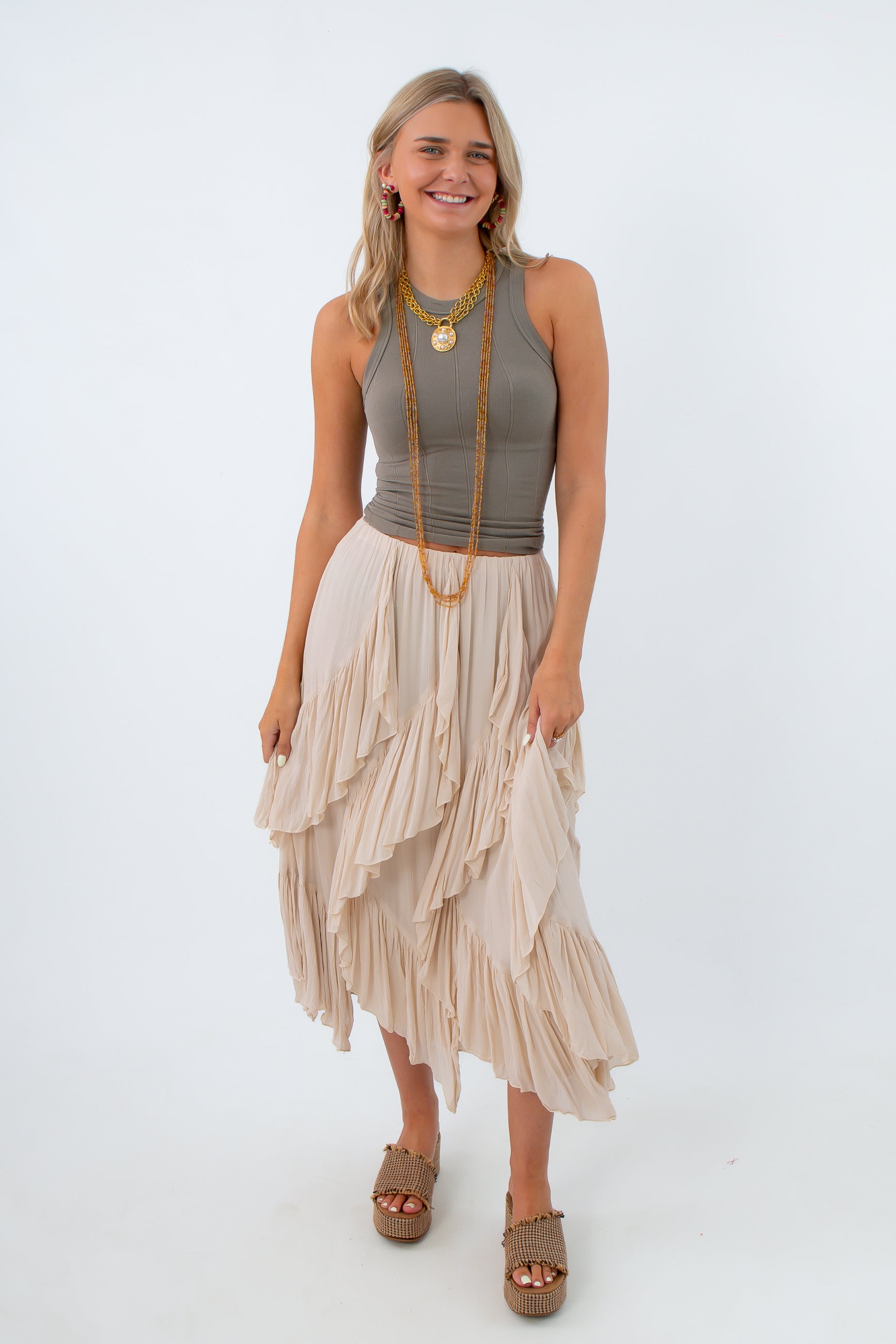 Cascading Drift Ruffle Midi Skirt