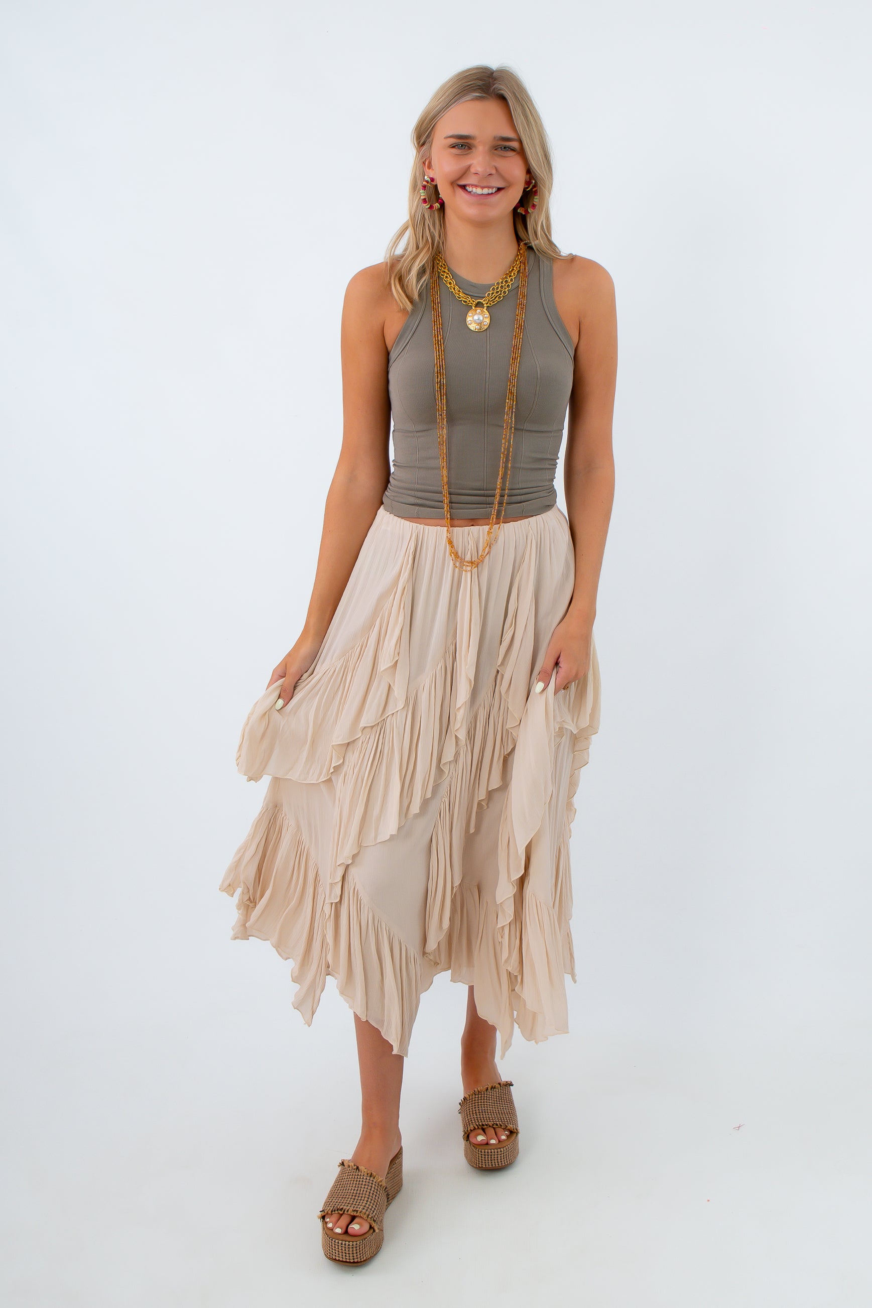 statement midi skirt for game day, beige midi skirt with ruffles, unique midi skirt