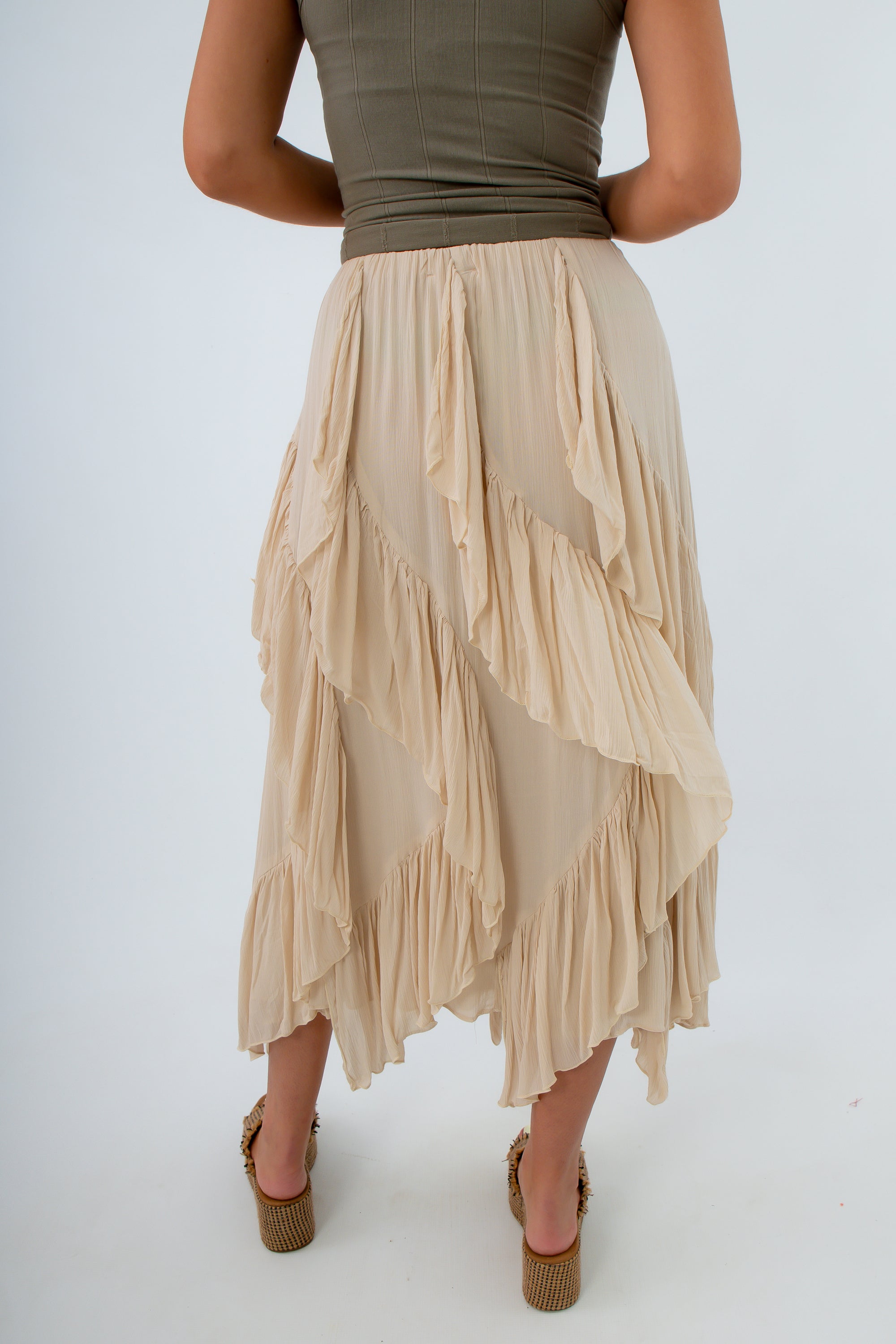 midi skirt with ruffle detailing, midi skirt with cascading ruffles, ivory midi skirt