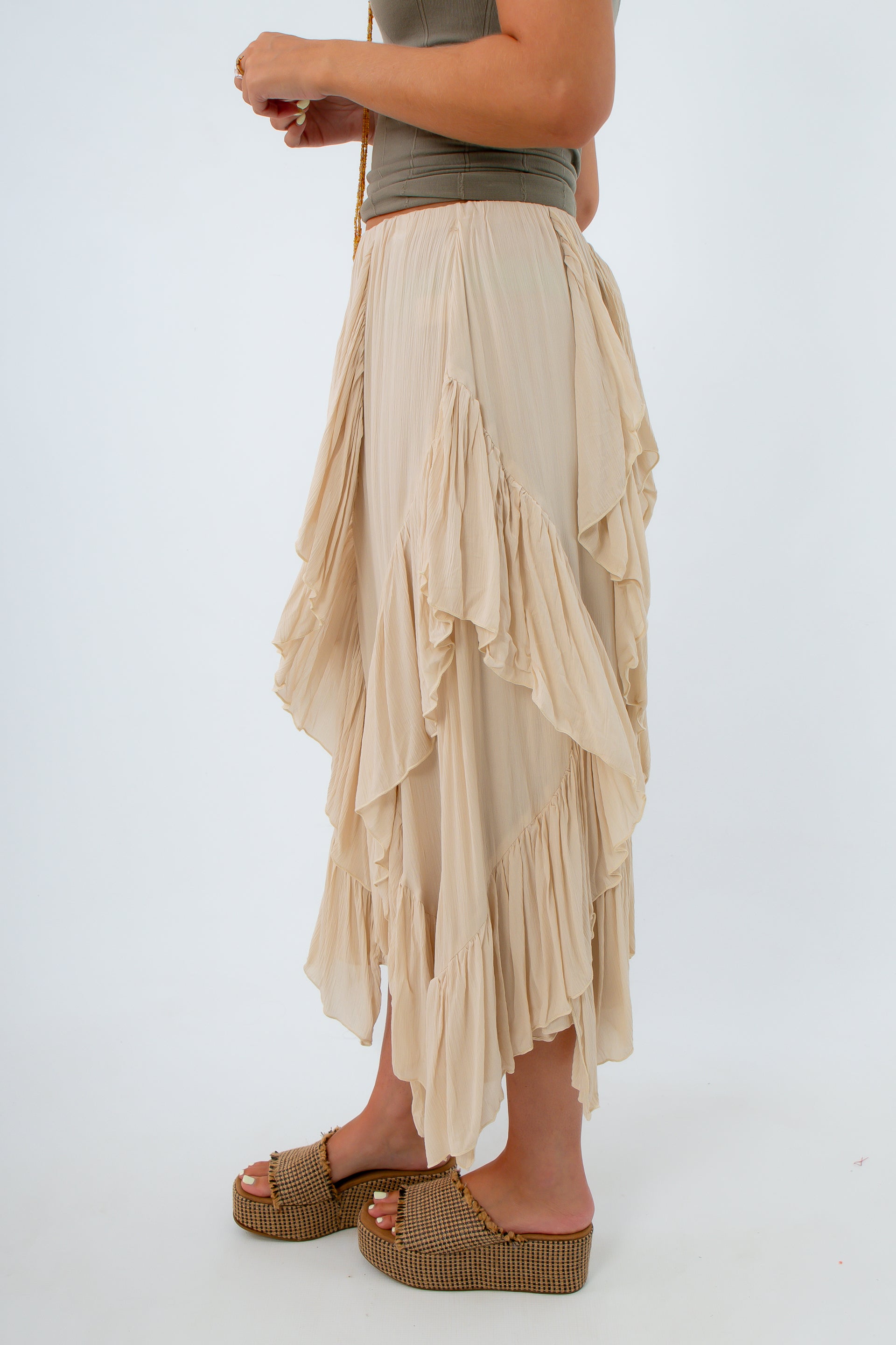 versatile beige midi skirt with ruffle detailing, ruffled skirt, long beige skirt, long neutral skirt