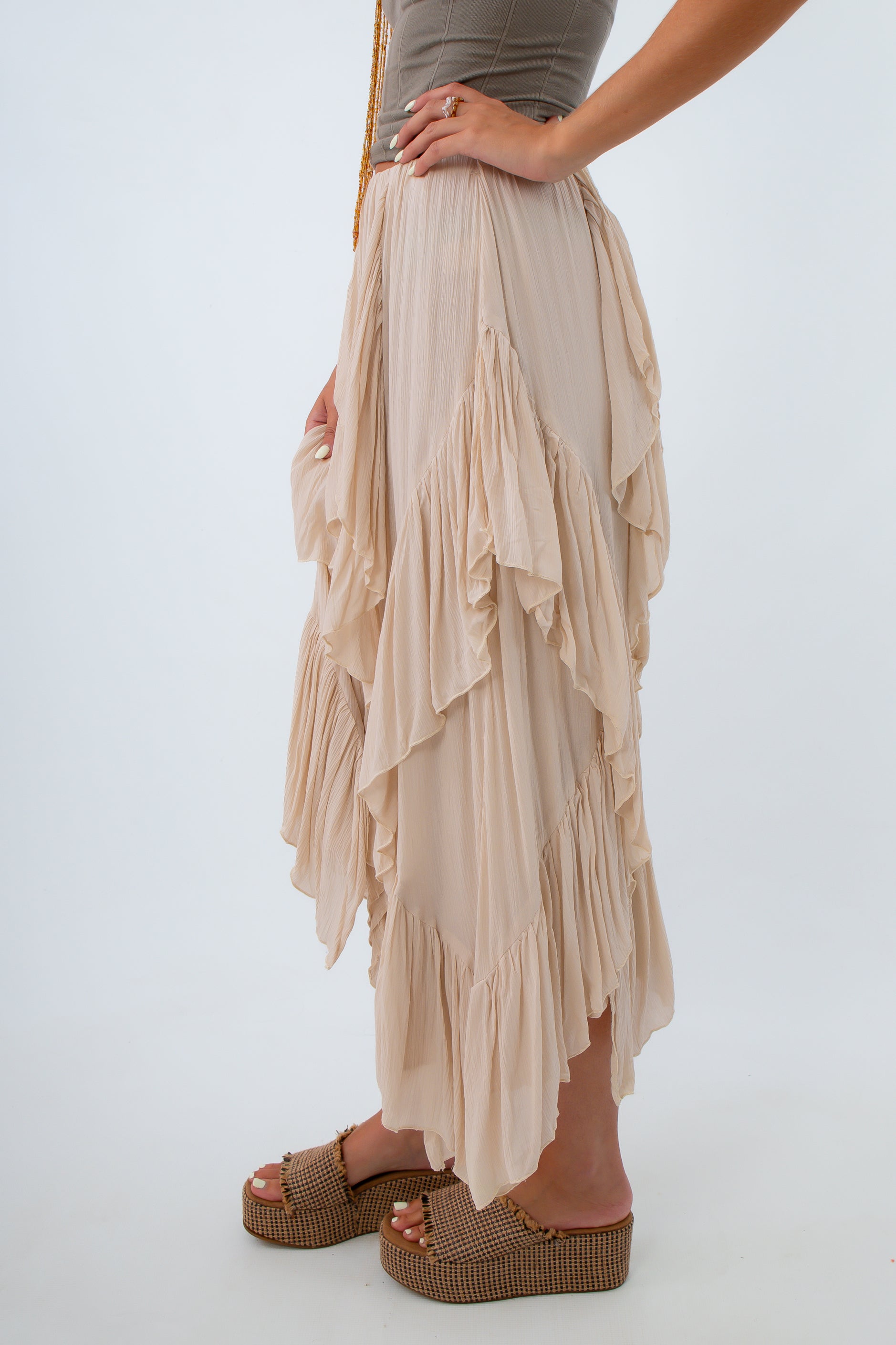 feminine cascading ruffle midi skirt summer to fall, fall transition pieces, fall transition style, midi skirts for early fall