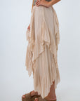 feminine cascading ruffle midi skirt summer to fall, fall transition pieces, fall transition style, midi skirts for early fall
