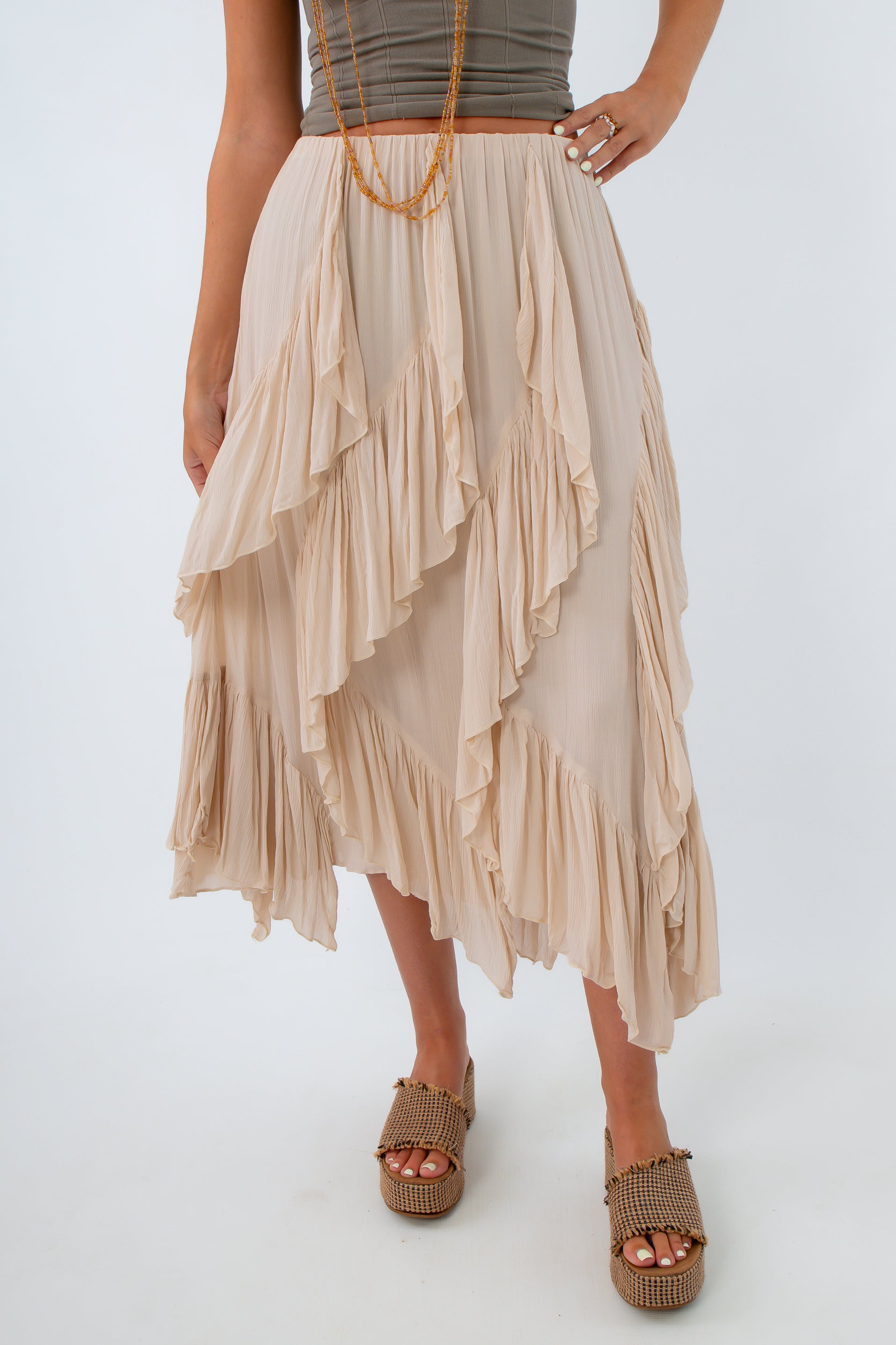 beige midi skirt with ruffles for fall, statement skirts for fall, beige midi skirt