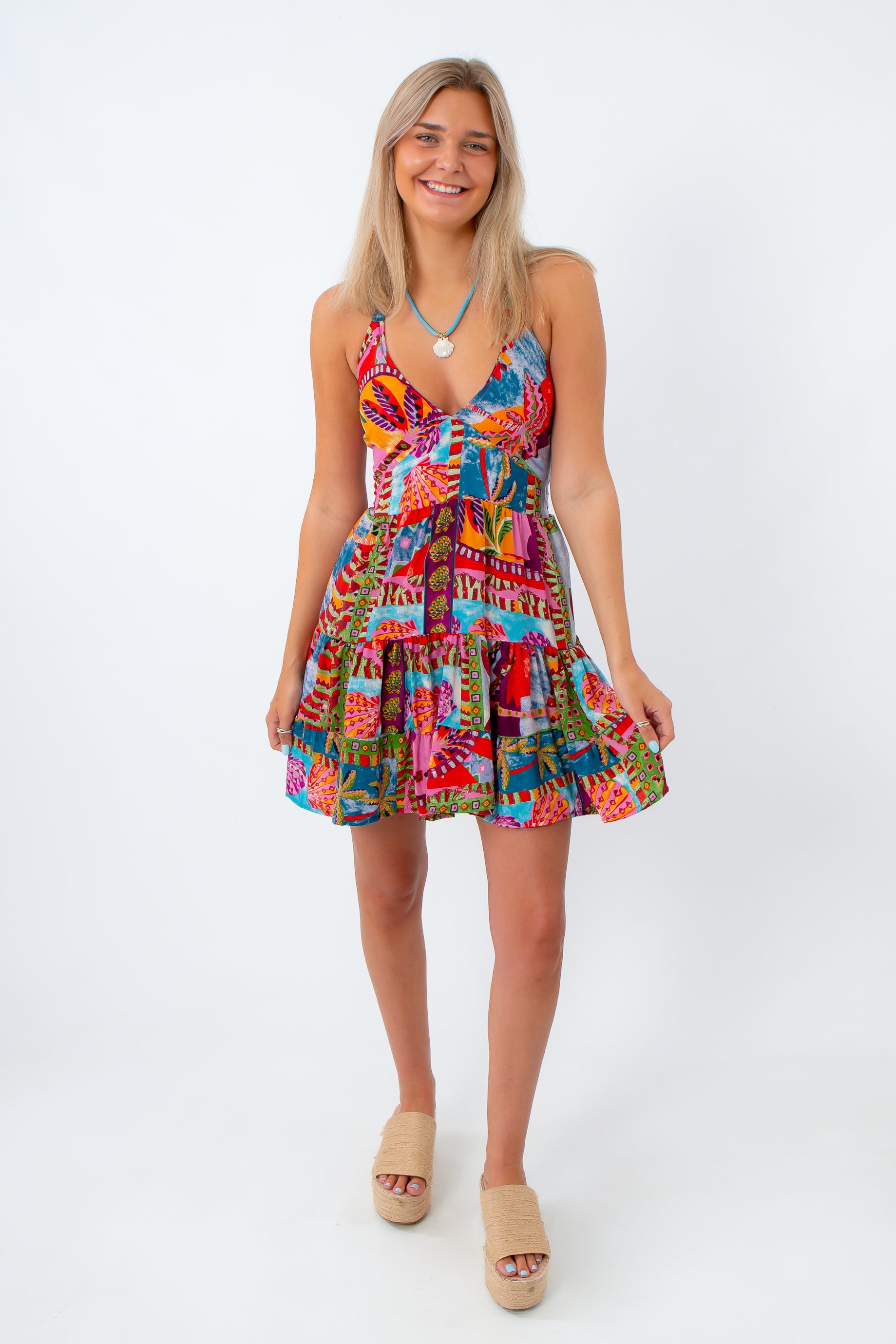 colorful seashell and palm tree printed mini dress perfect for summer vacation