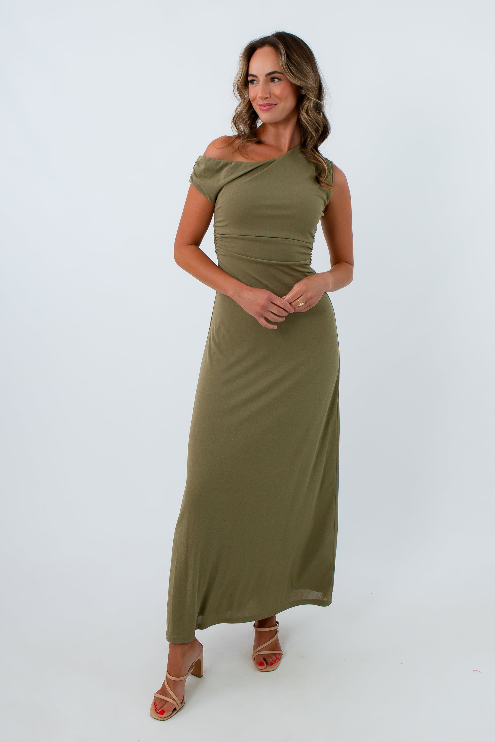 MinkPink Khaki Aster Mesh Midi Dress for fall weddings, olive green midi dress, khaki midi dress