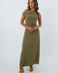MinkPink Khaki Aster Mesh Midi Dress for fall weddings, olive green midi dress, khaki midi dress