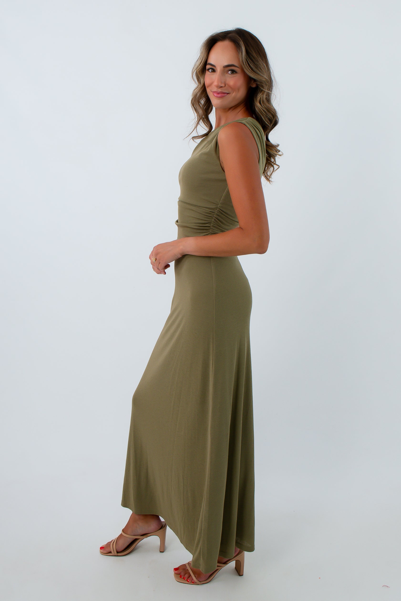 Elegant mesh midi dress with asymmetrical neckline, fall wedding guest dress, wedding guest dress, olive green midi dress