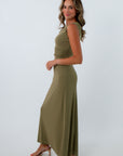 Elegant mesh midi dress with asymmetrical neckline, fall wedding guest dress, wedding guest dress, olive green midi dress
