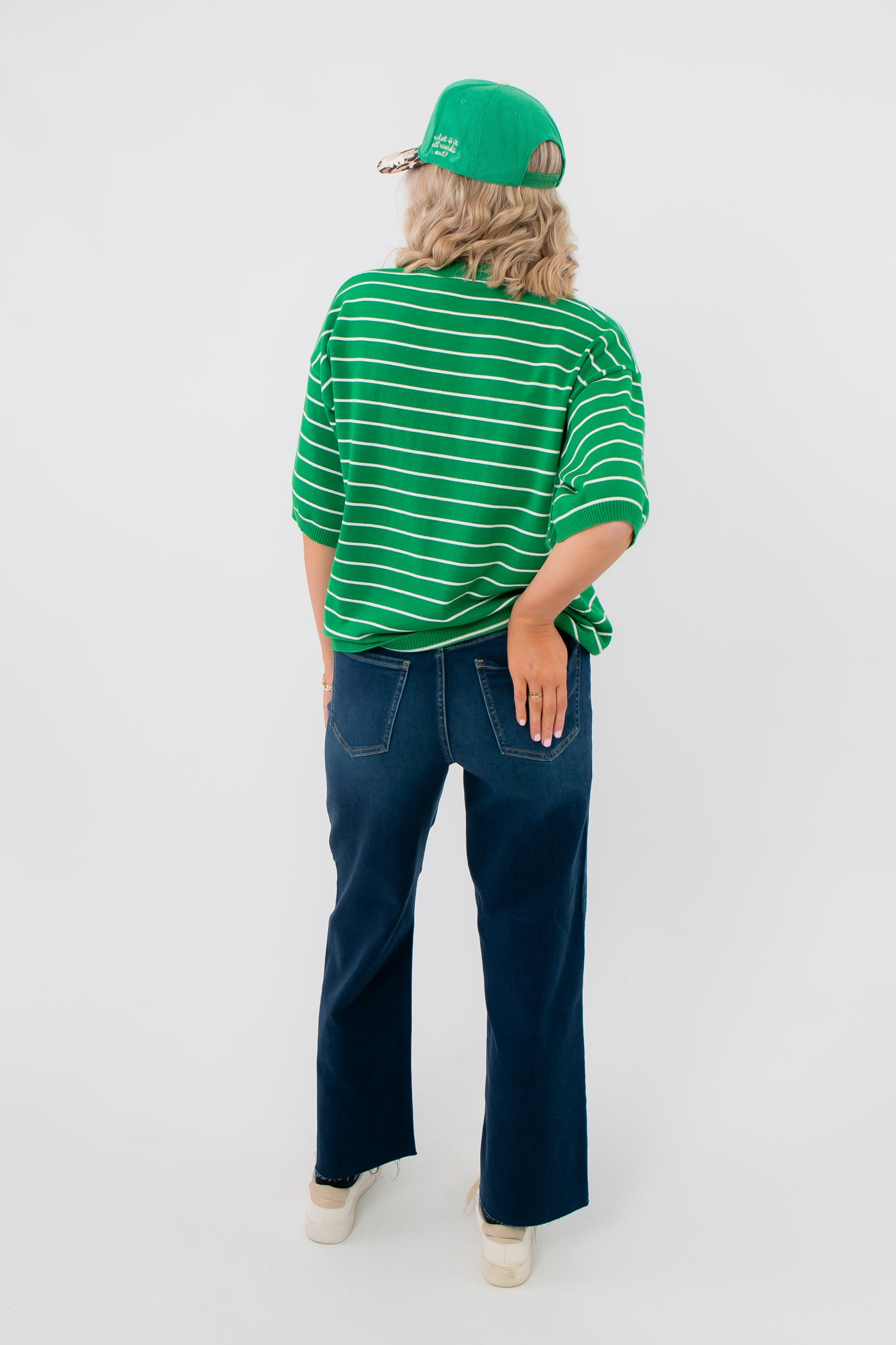 Gwen Green Striped Top – Back view of casual green striped short sleeve top, showcasing relaxed fit and drop shoulder design.
