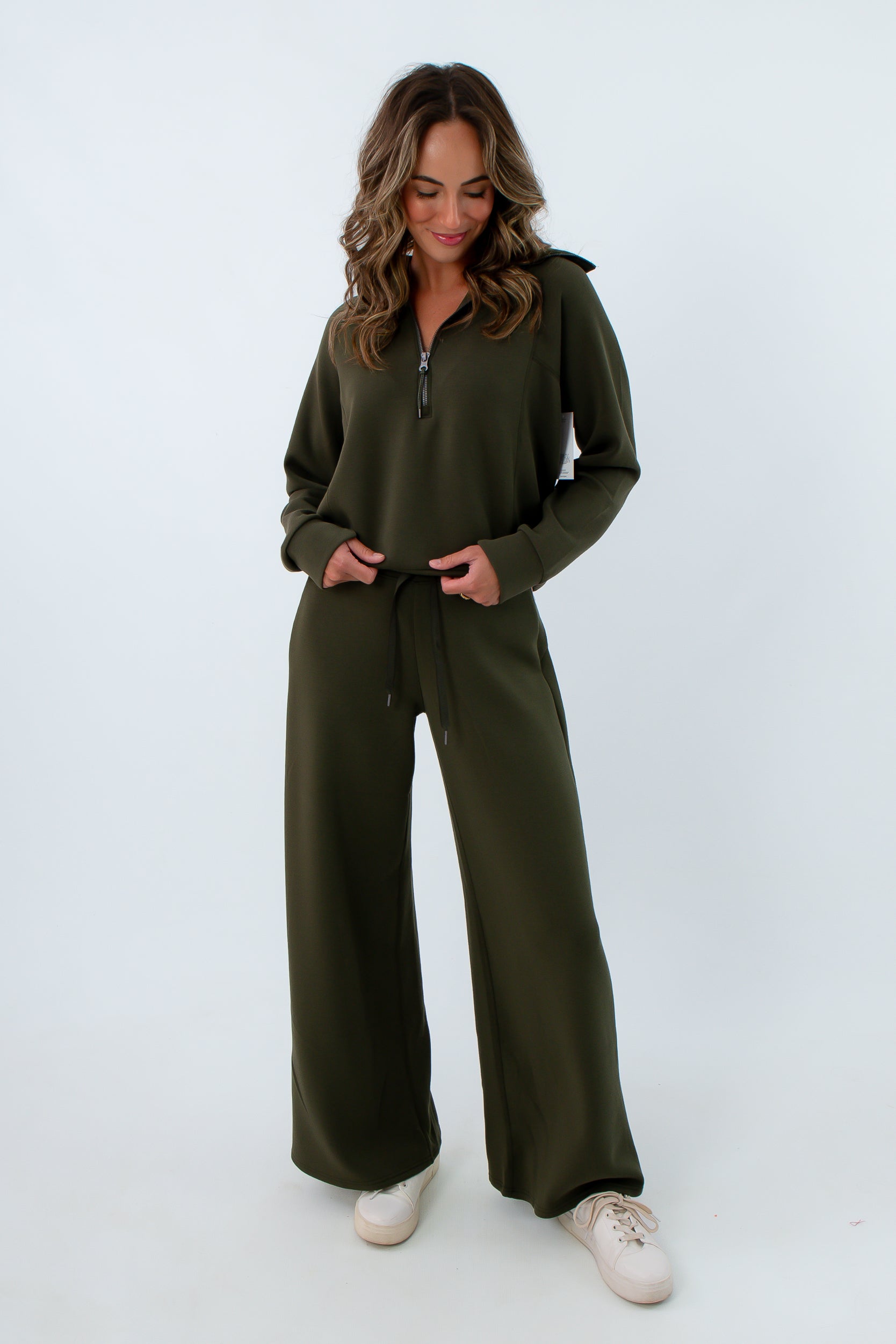 Spanx Monstera AirEssentials half zip with matching pants, forest green lounge set, Spanx forest green Airessentials set