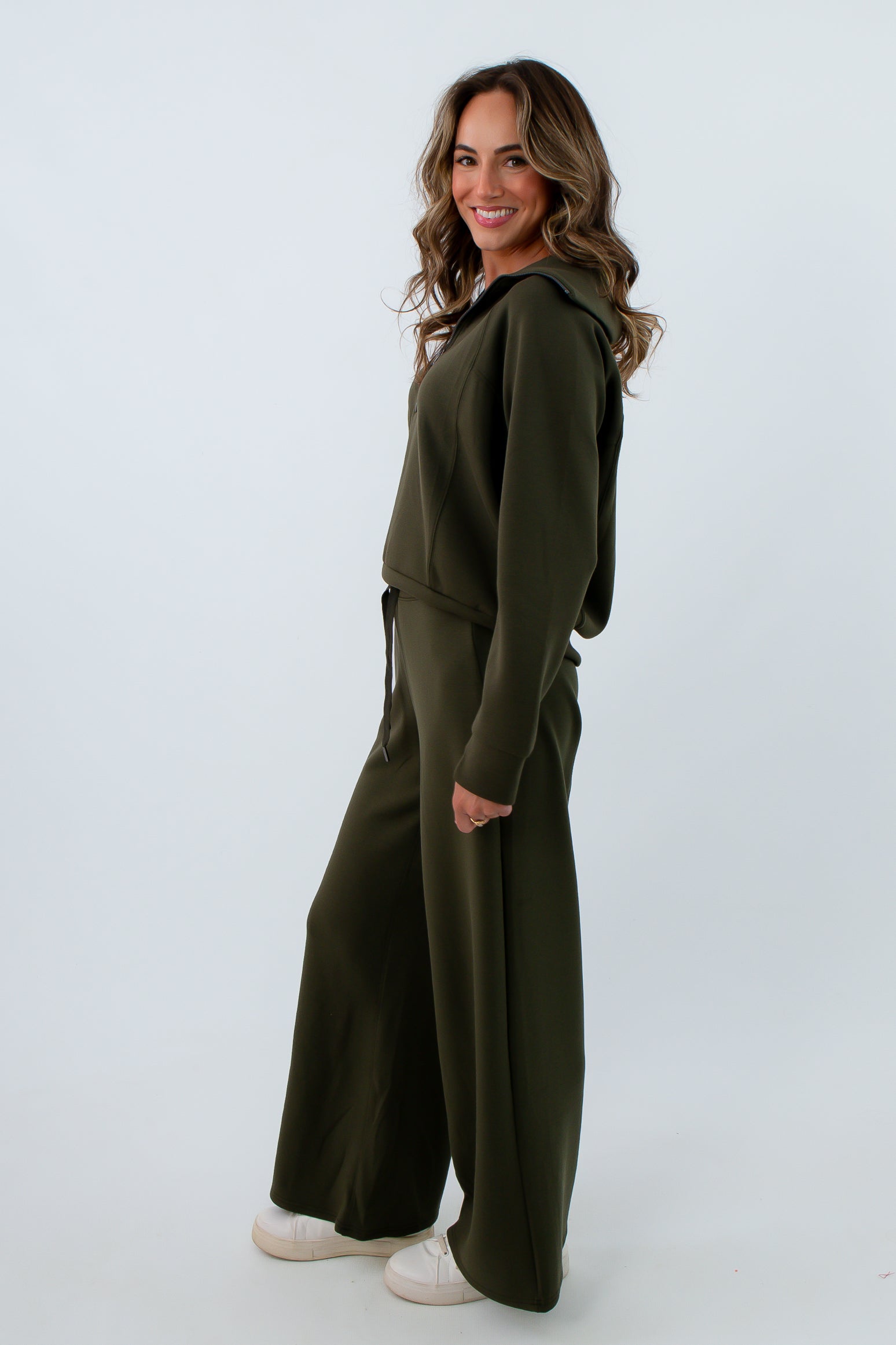 Spanx Monstera AirEssentials wide leg pant with drawstring waistband, forest green Spanx AirEssentials set